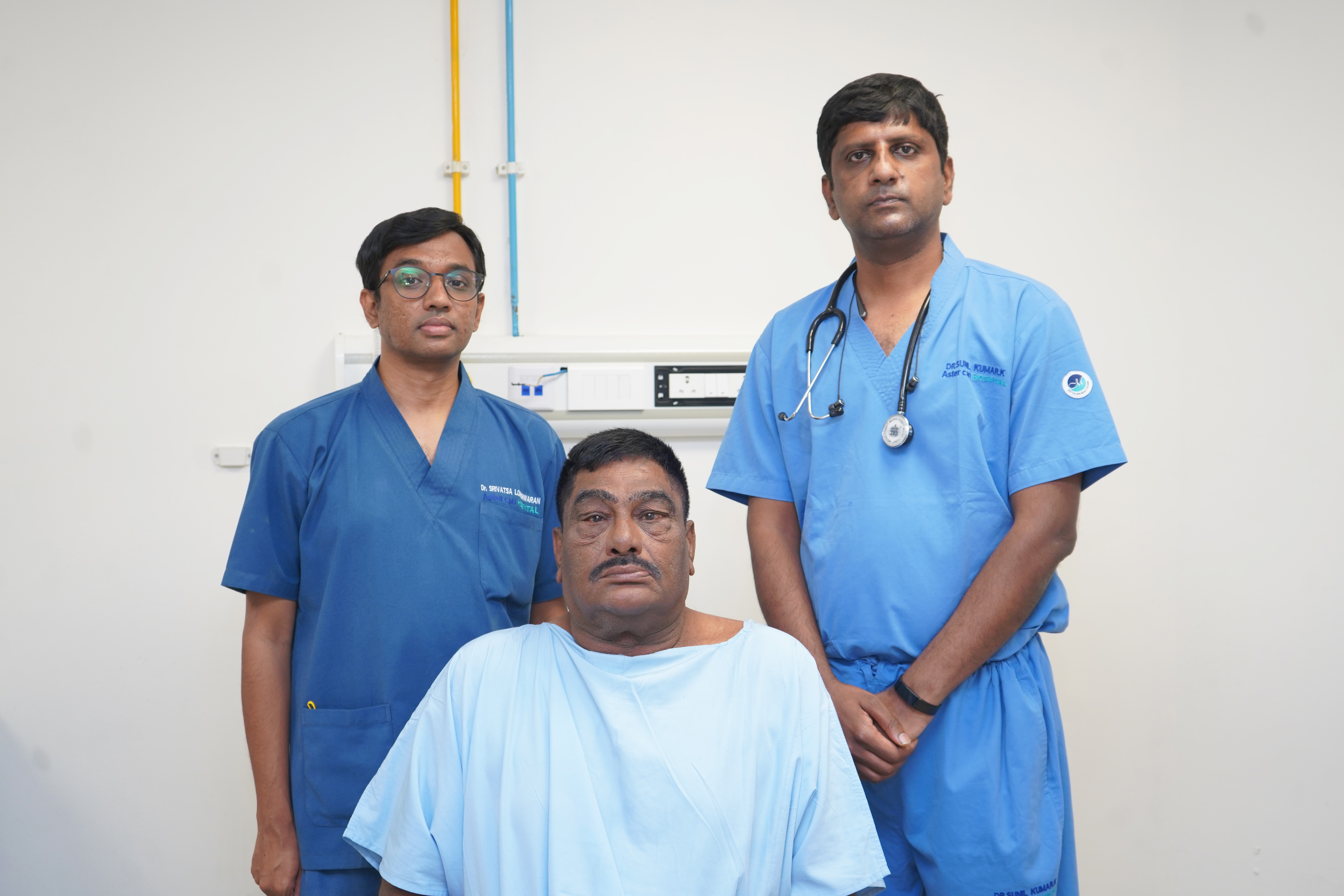 Mr B Arogyanathan the patient and the treating doctors at Aster CMI Hospital