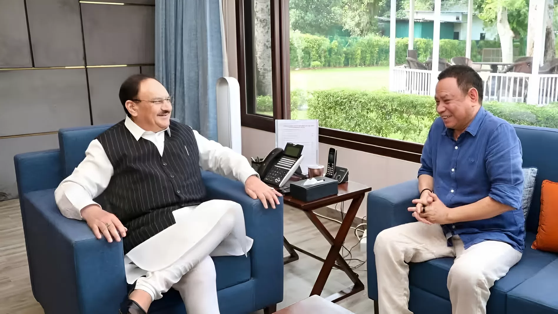 Arunachal Pradesh Health Minister Biyuram Wahge with Union Health Minister J P Nadda discussing Super Speciality Hospital in Itanagar