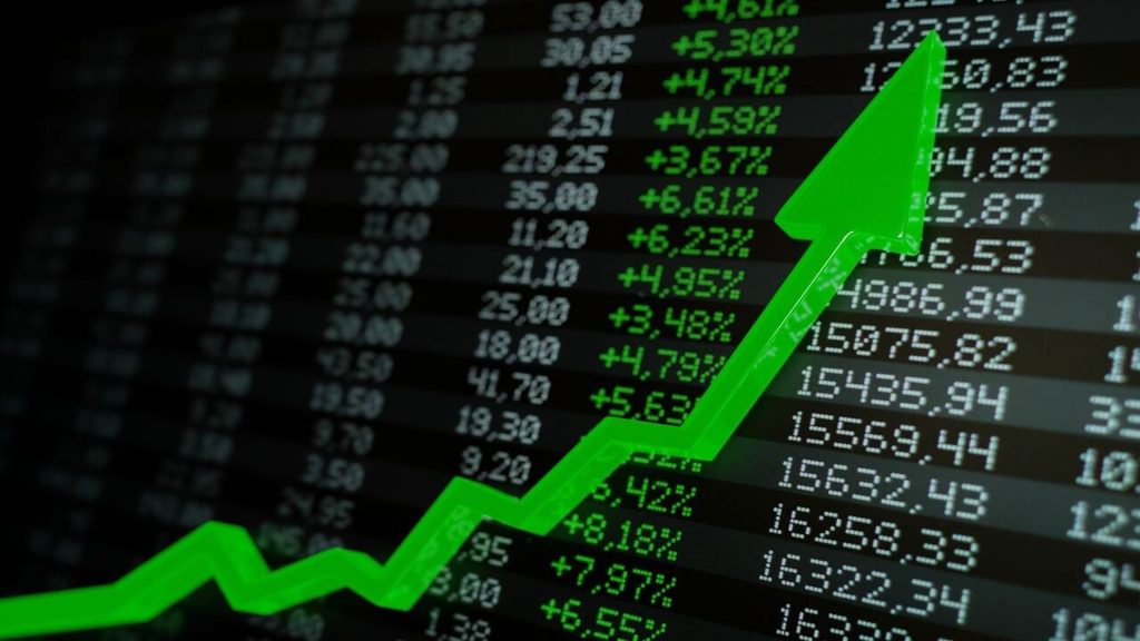 Stock market growth chart with green upward arrow and rising stock prices
