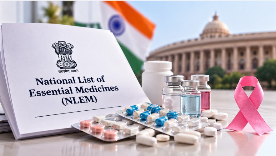 National List of Essential Medicines (NLEM) reform in India highlighting cancer medicines and affordable treatment access.